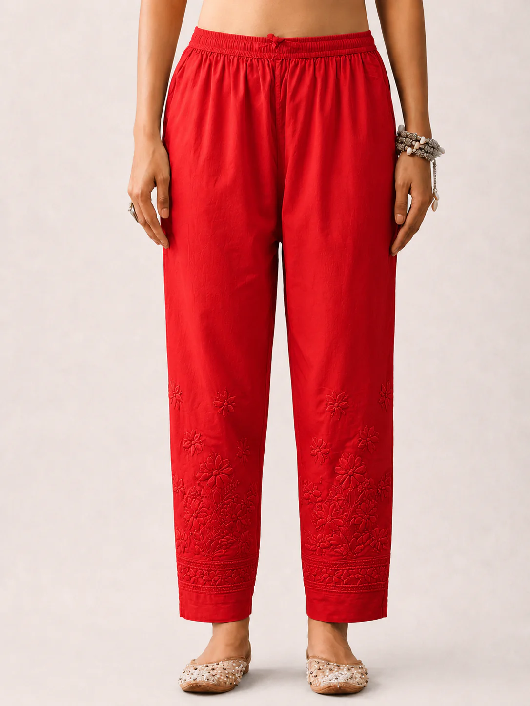 Lycra Straight Chikankari Pant - Red
