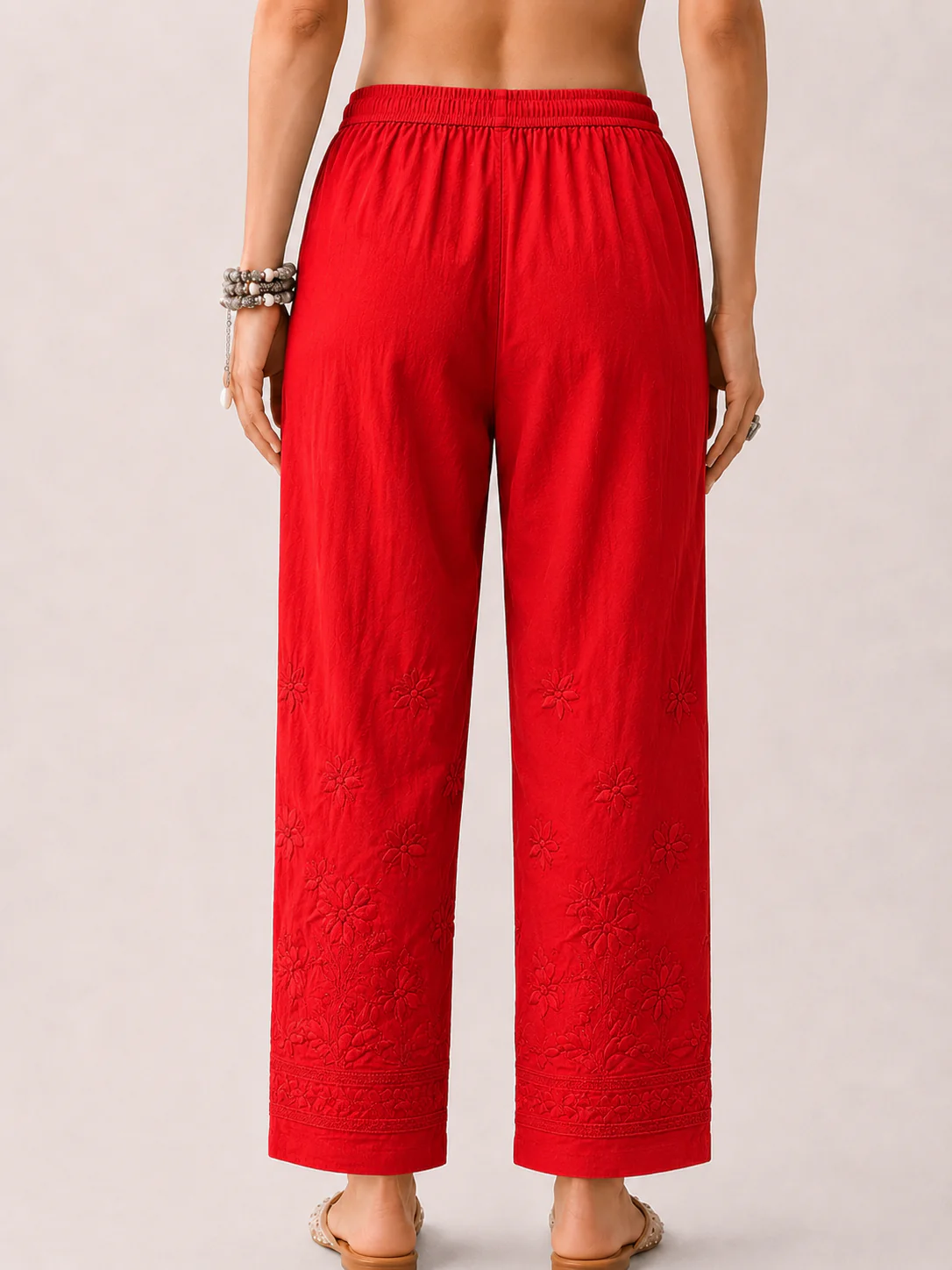 Lycra Straight Chikankari Pant - Red - Image 2
