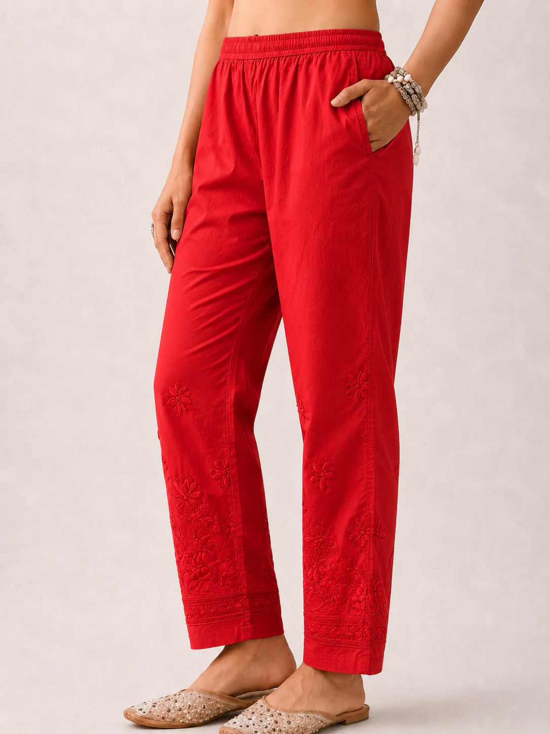 Lycra Straight Chikankari Pant - Red - Image 3