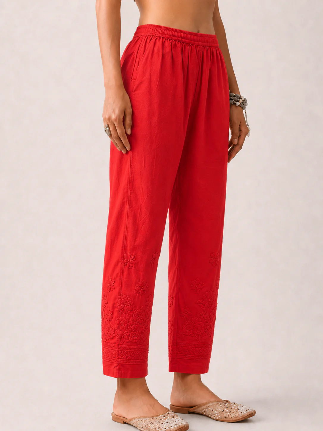 Lycra Straight Chikankari Pant - Red - Image 4