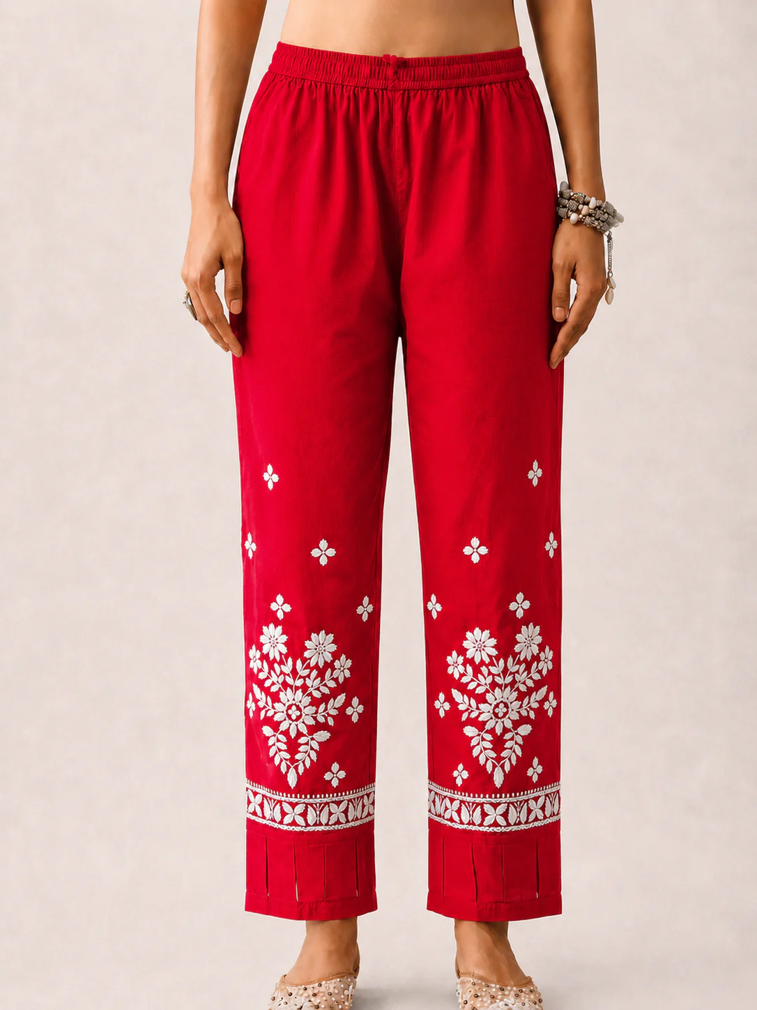 Lycra Straight  Chikankari Pant with Cutwork - Red