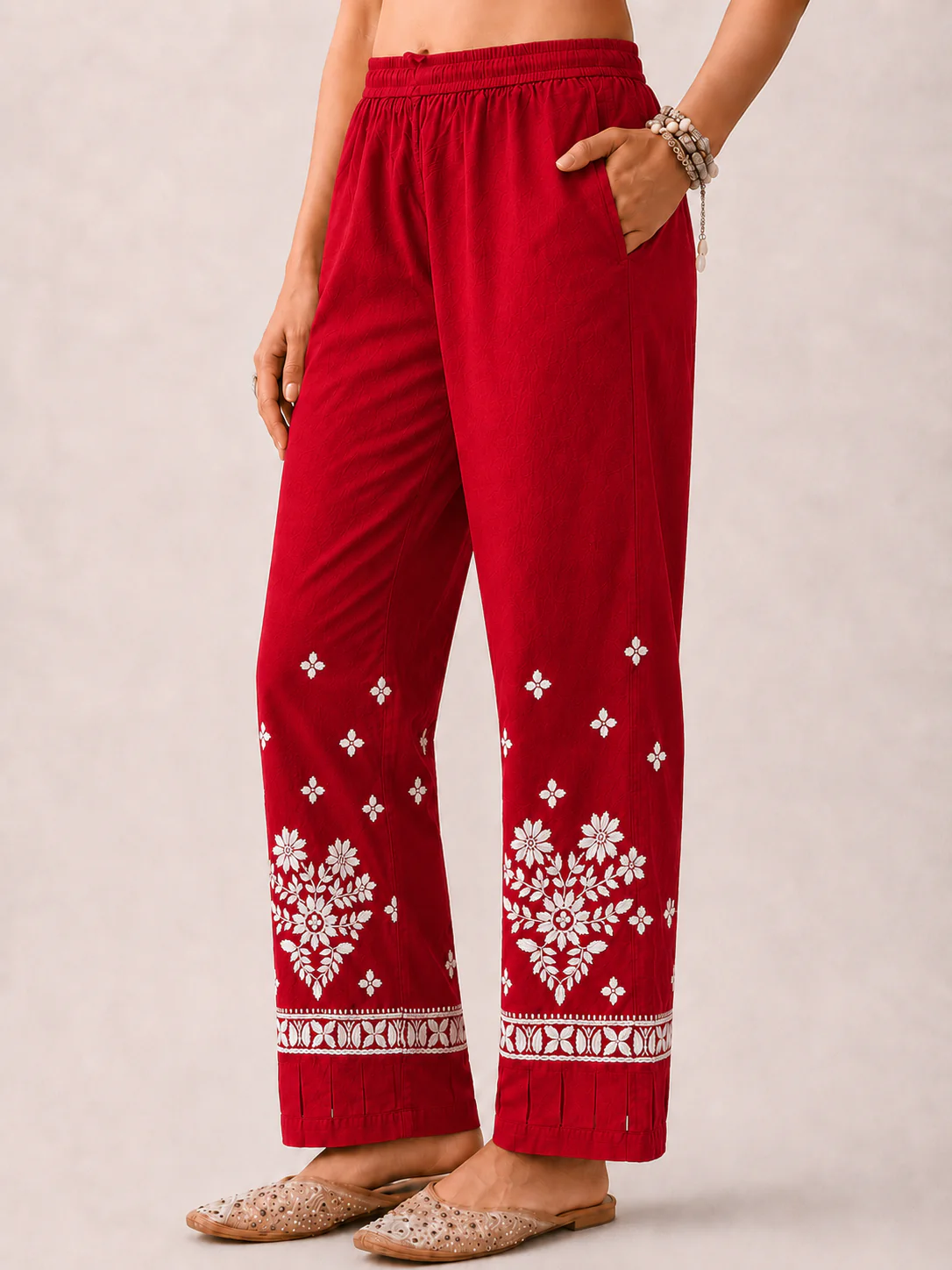 Lycra Straight  Chikankari Pant with Cutwork - Red - Image 2
