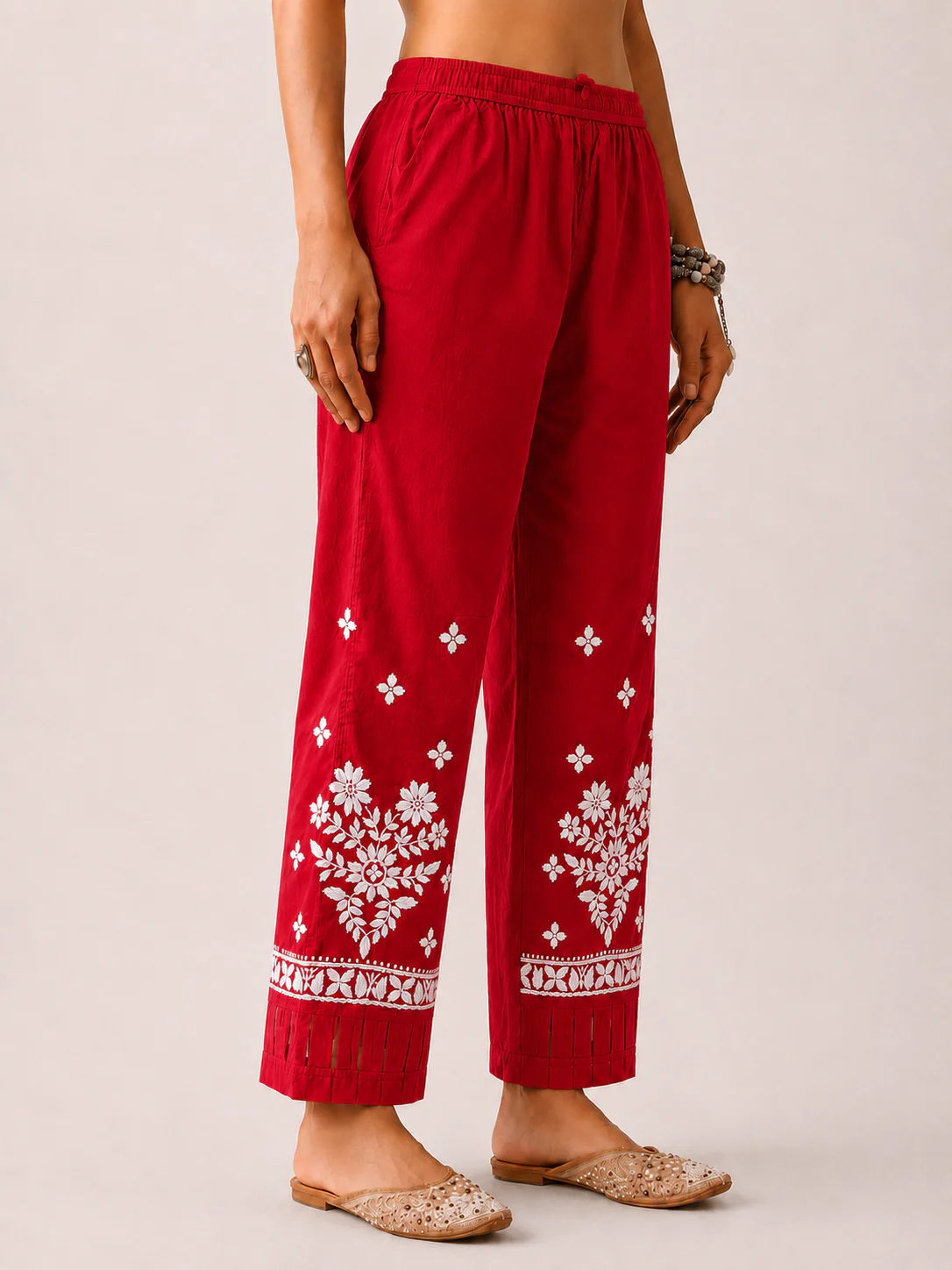 Lycra Straight  Chikankari Pant with Cutwork - Red - Image 3
