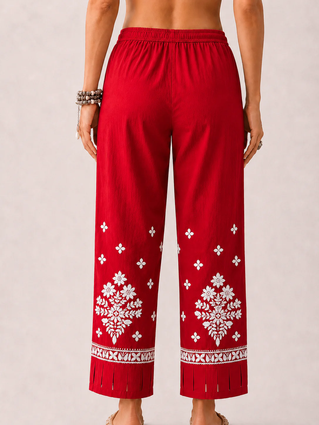 Lycra Straight  Chikankari Pant with Cutwork - Red - Image 4