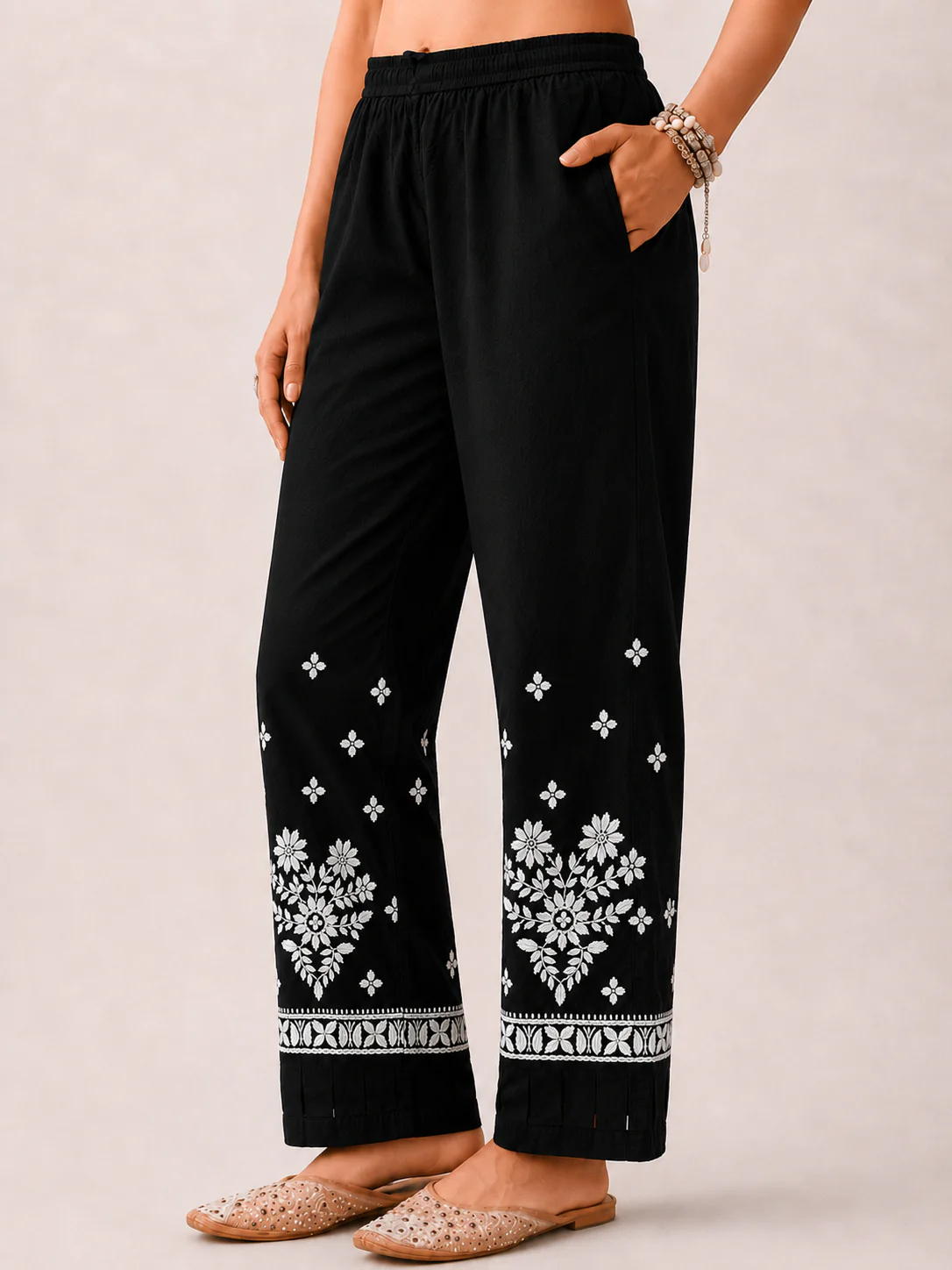 Lycra Straight Chikankari Pant - Black