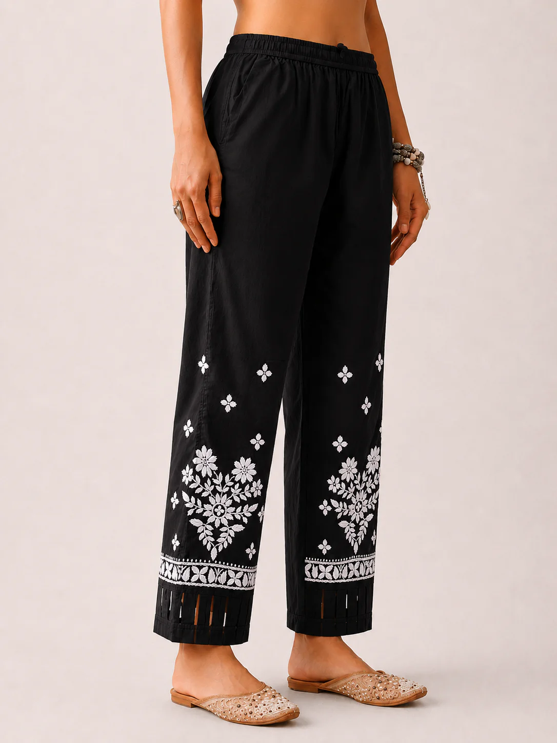 Lycra Straight Chikankari Pant - Black - Image 2