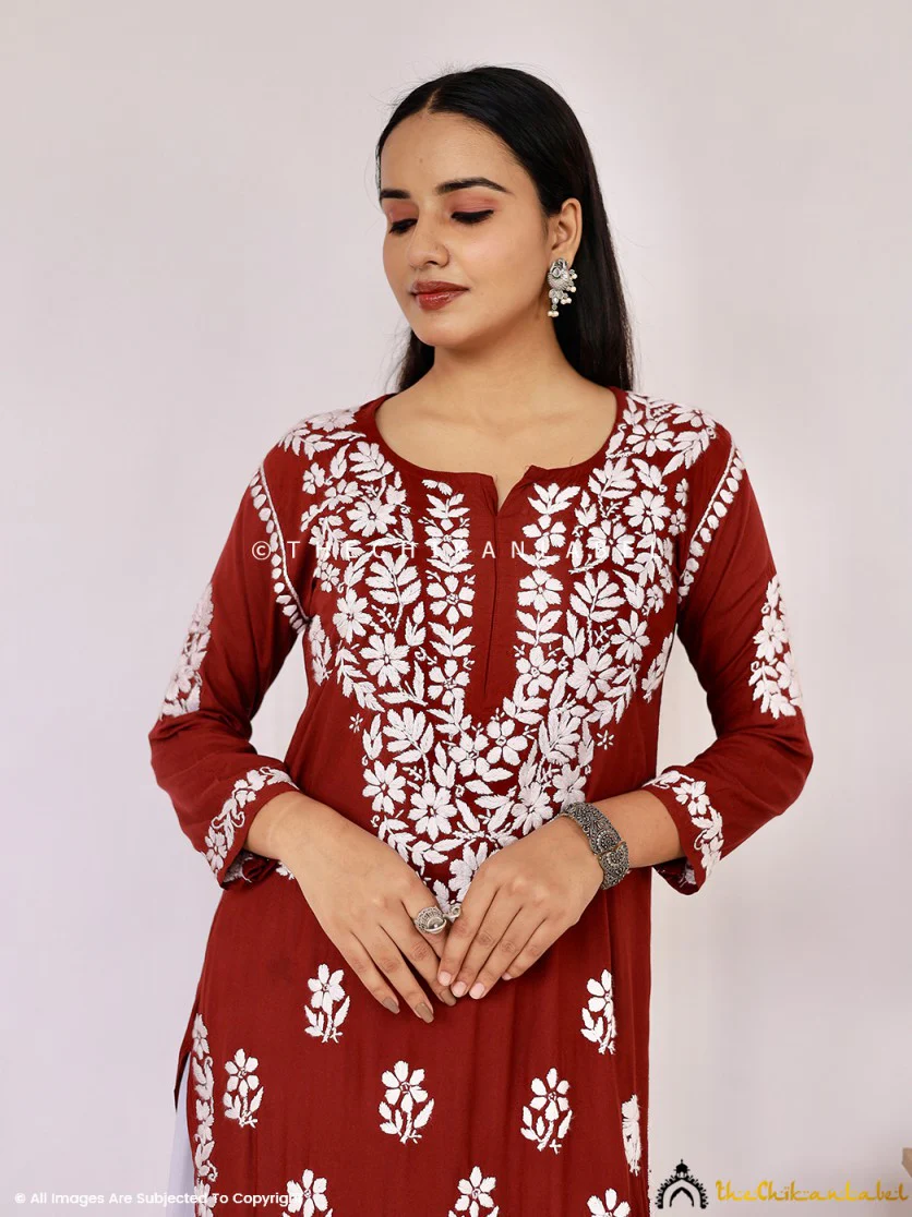 Aashi Modal Chikankari Straight Kurti - Maroon - Image 2