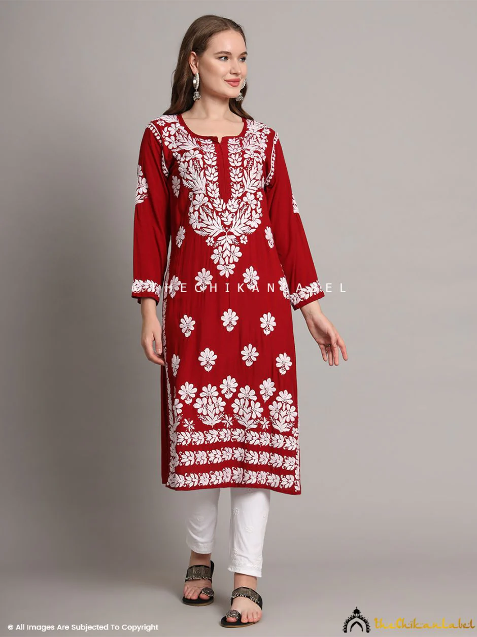 Aditi Modal Chikankari Straight Kurti - Maroon