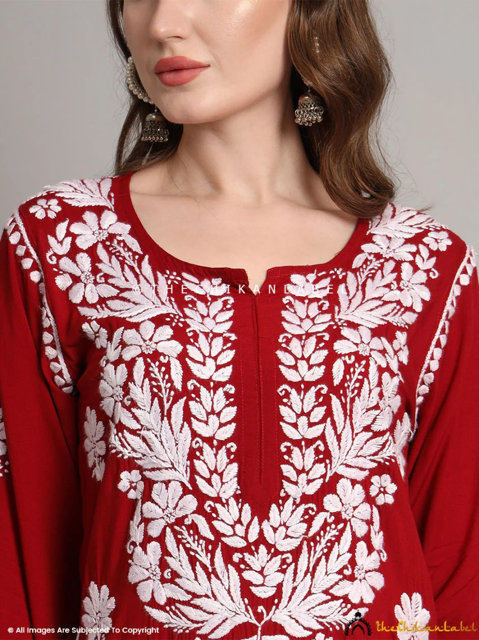 Aditi Modal Chikankari Straight Kurti - Maroon - Image 2