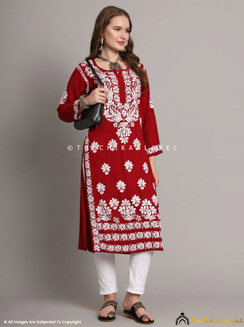 Aditi Modal Chikankari Straight Kurti - Maroon - Image 6
