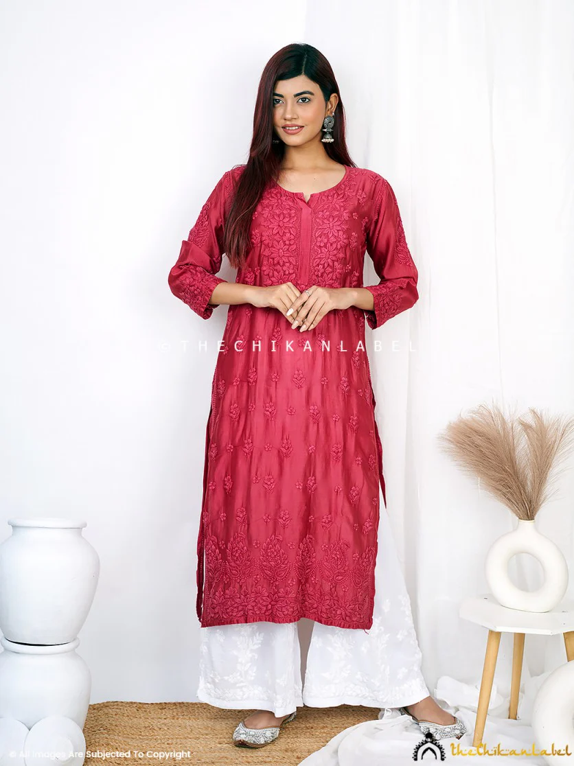 Afseen Chanderi Chikankari Straight Kurti -Maroon