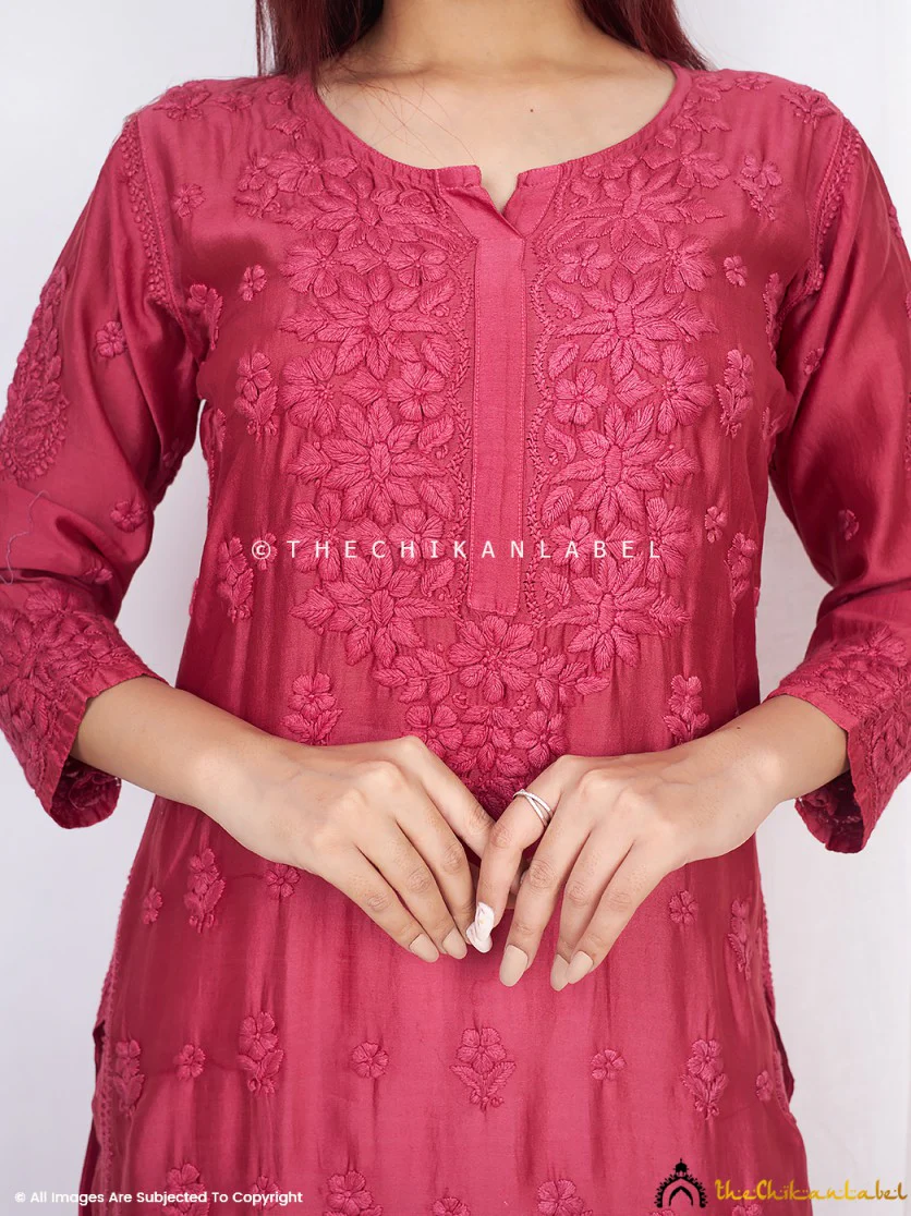 Afseen Chanderi Chikankari Straight Kurti -Maroon - Image 2