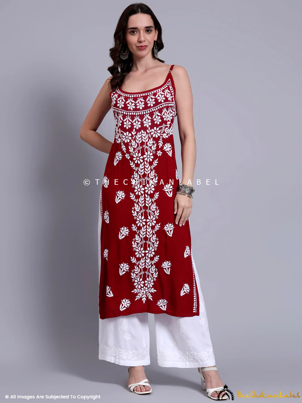 Aliza Modal Chikankari Strappy Long Kurta - Maroon