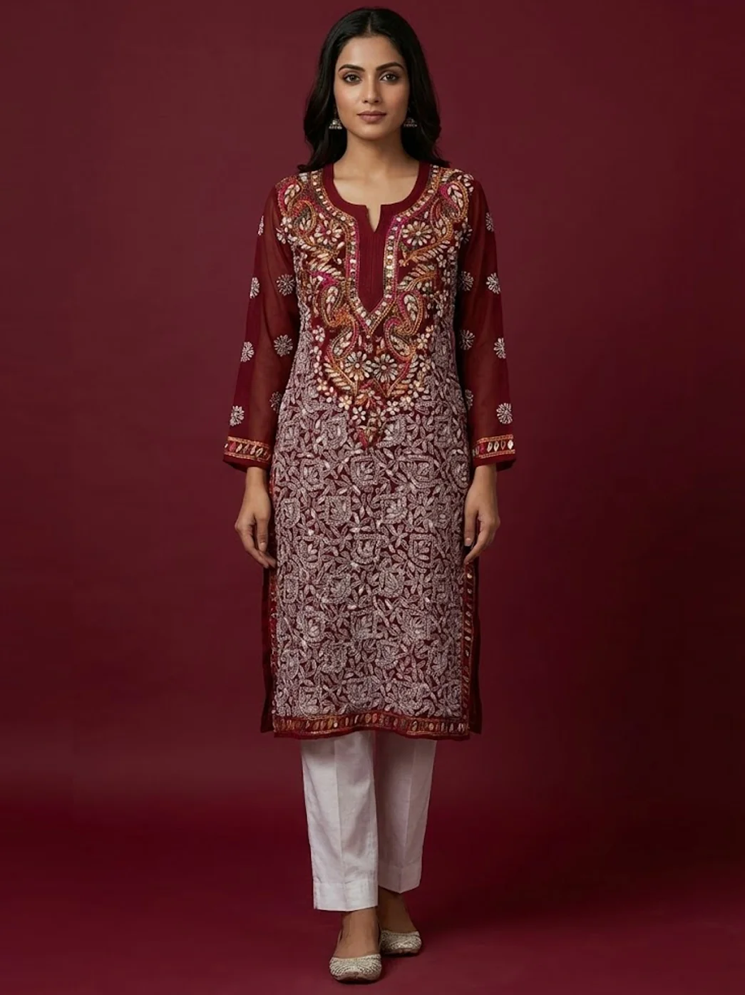 Maroon Georgette Chikankari Straight Kurti