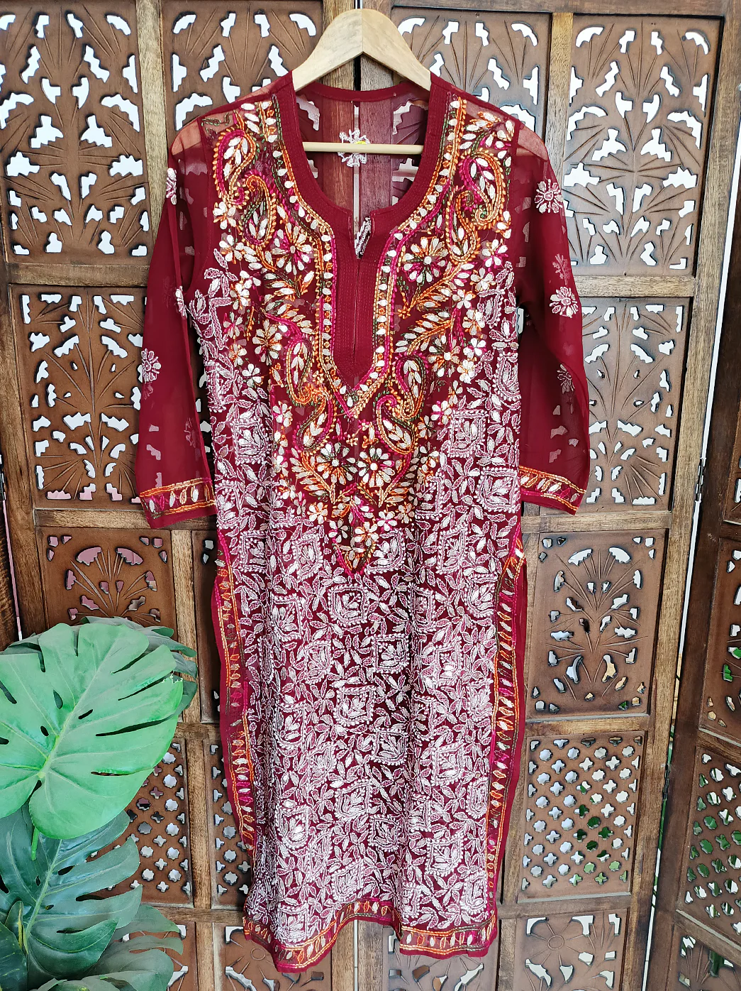 Maroon Georgette Chikankari Straight Kurti - Image 2