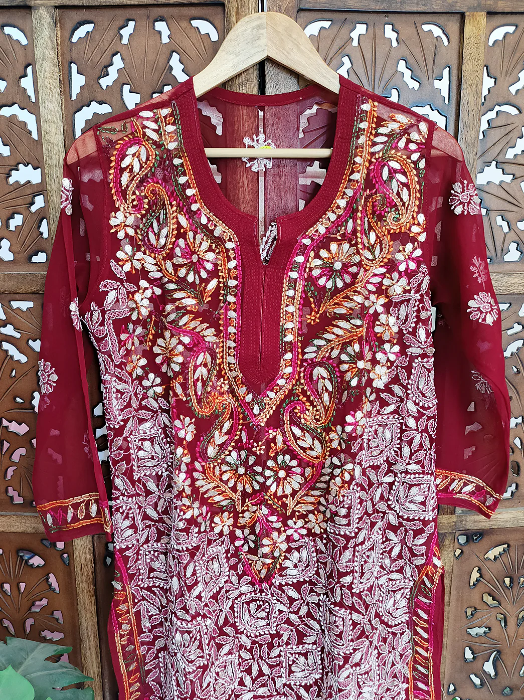 Maroon Georgette Chikankari Straight Kurti - Image 3