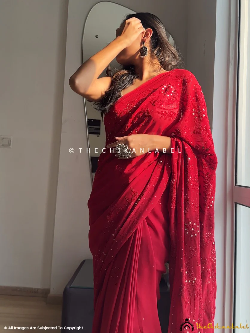 Maroon Heer Viscose Chikankari Saree - Image 2