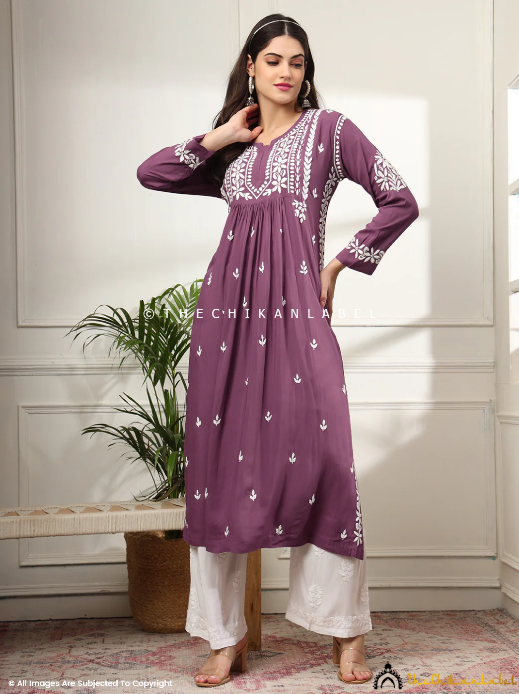 Aardhya Rayon Chikankari A-Line Kurti- Mauve - Image 6