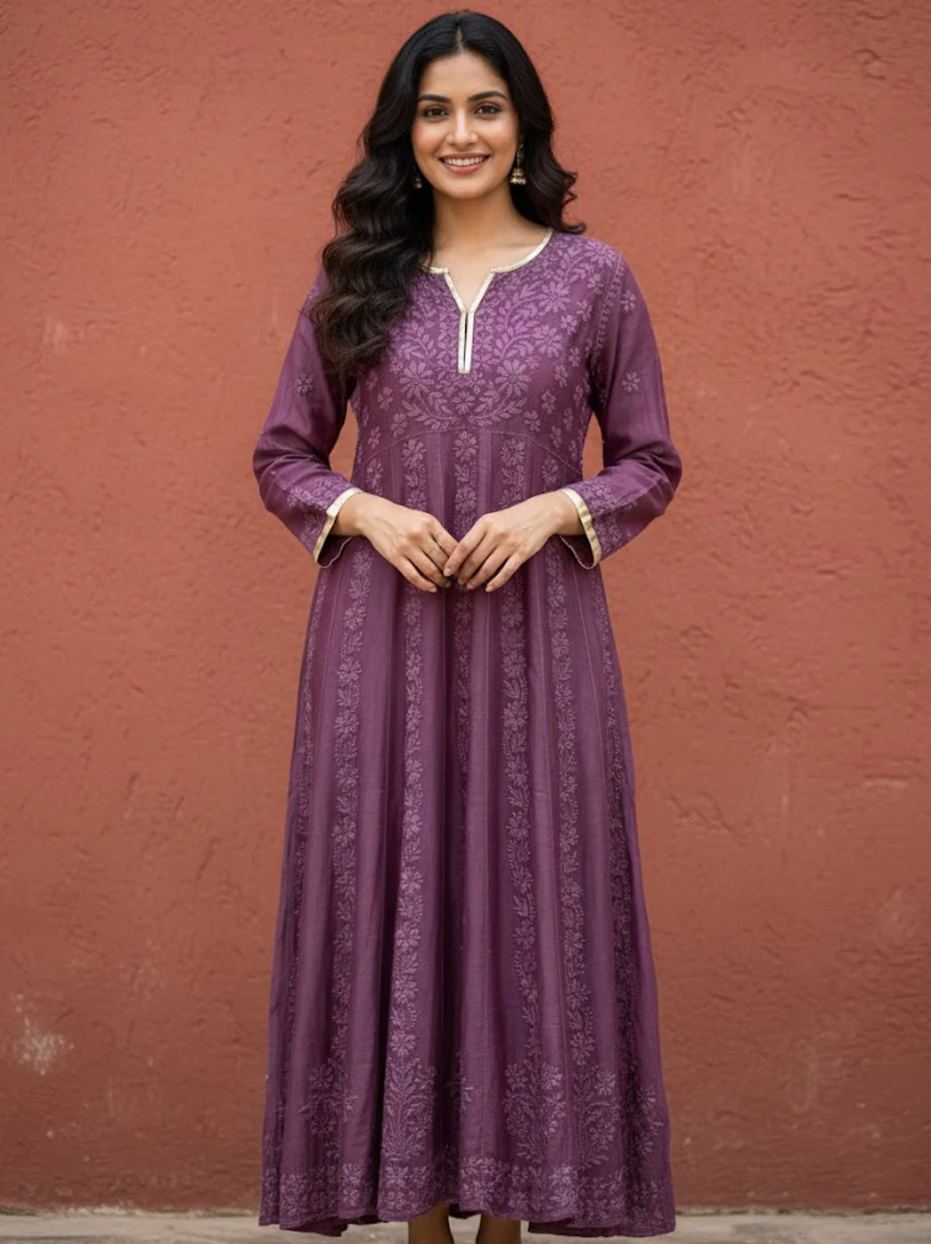 Mauve Chanderi Chikankari Gown