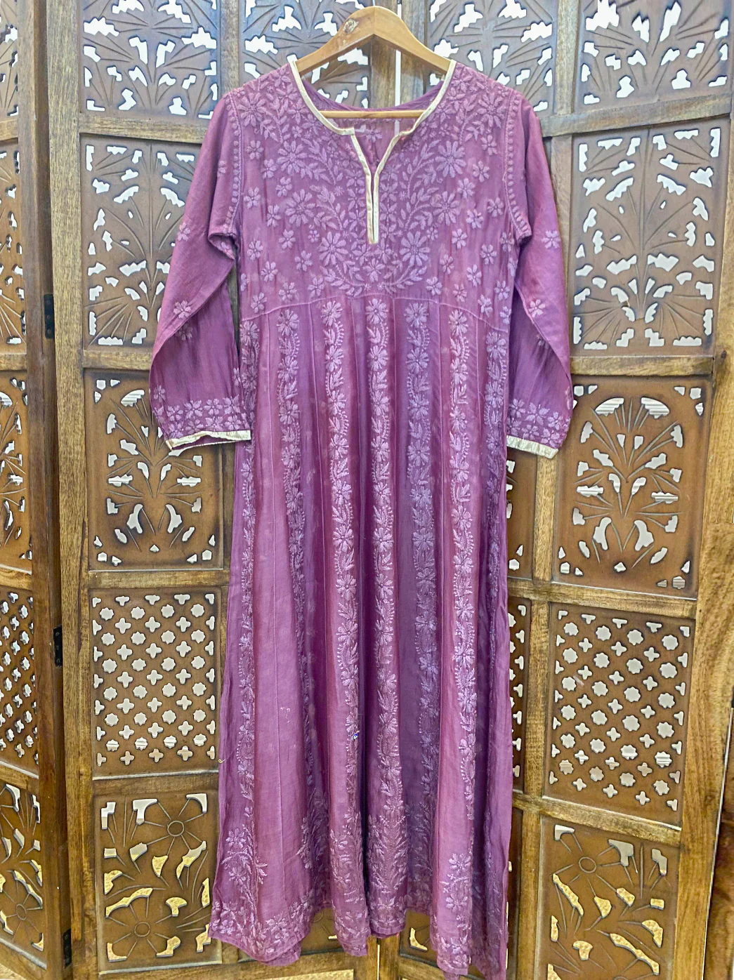 Mauve Chanderi Chikankari Gown - Image 2