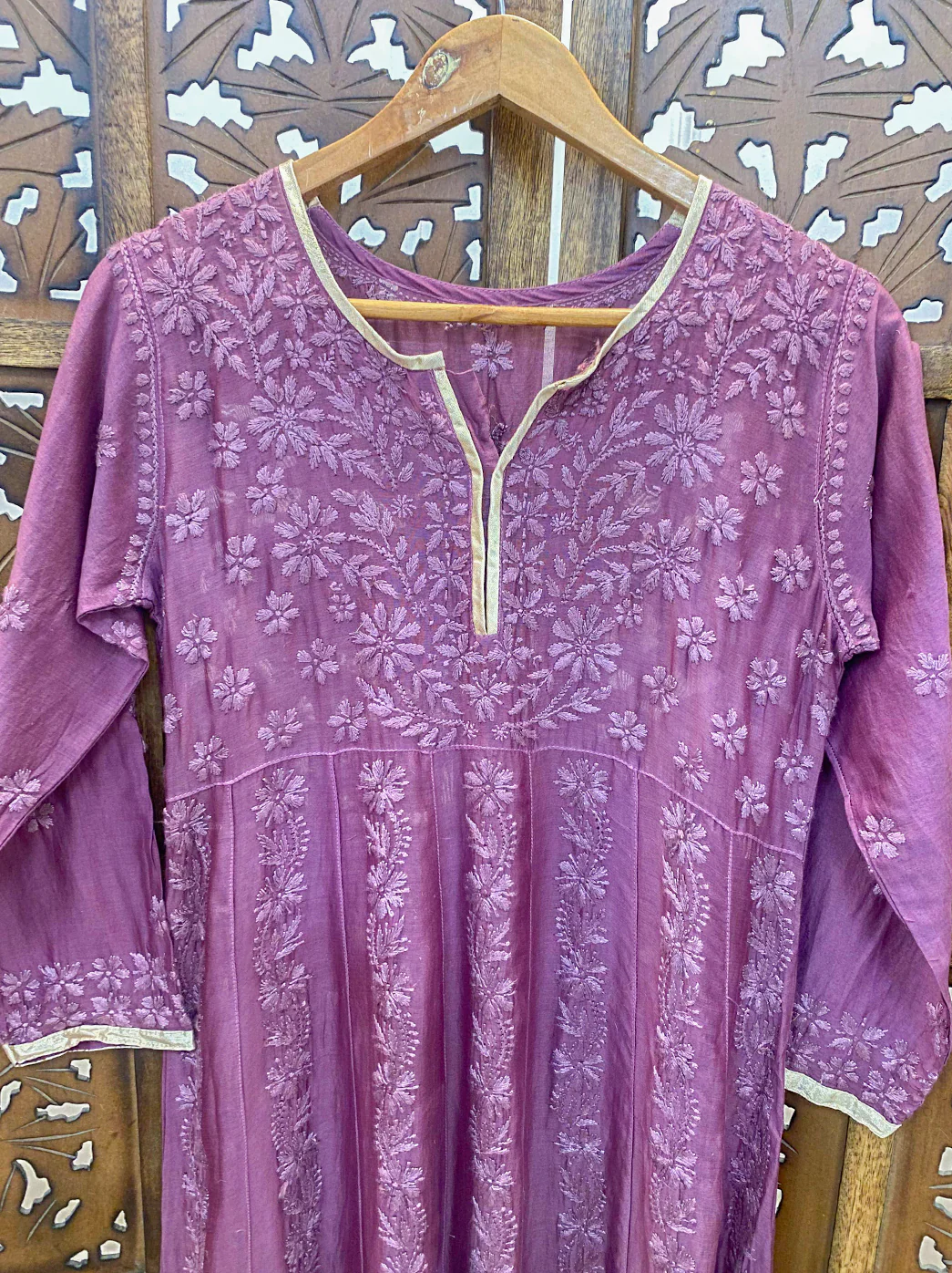 Mauve Chanderi Chikankari Gown - Image 3