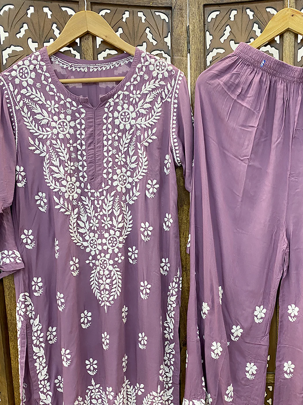 Mauve Modal Chikankari Kurti Palazzo Set - Image 3