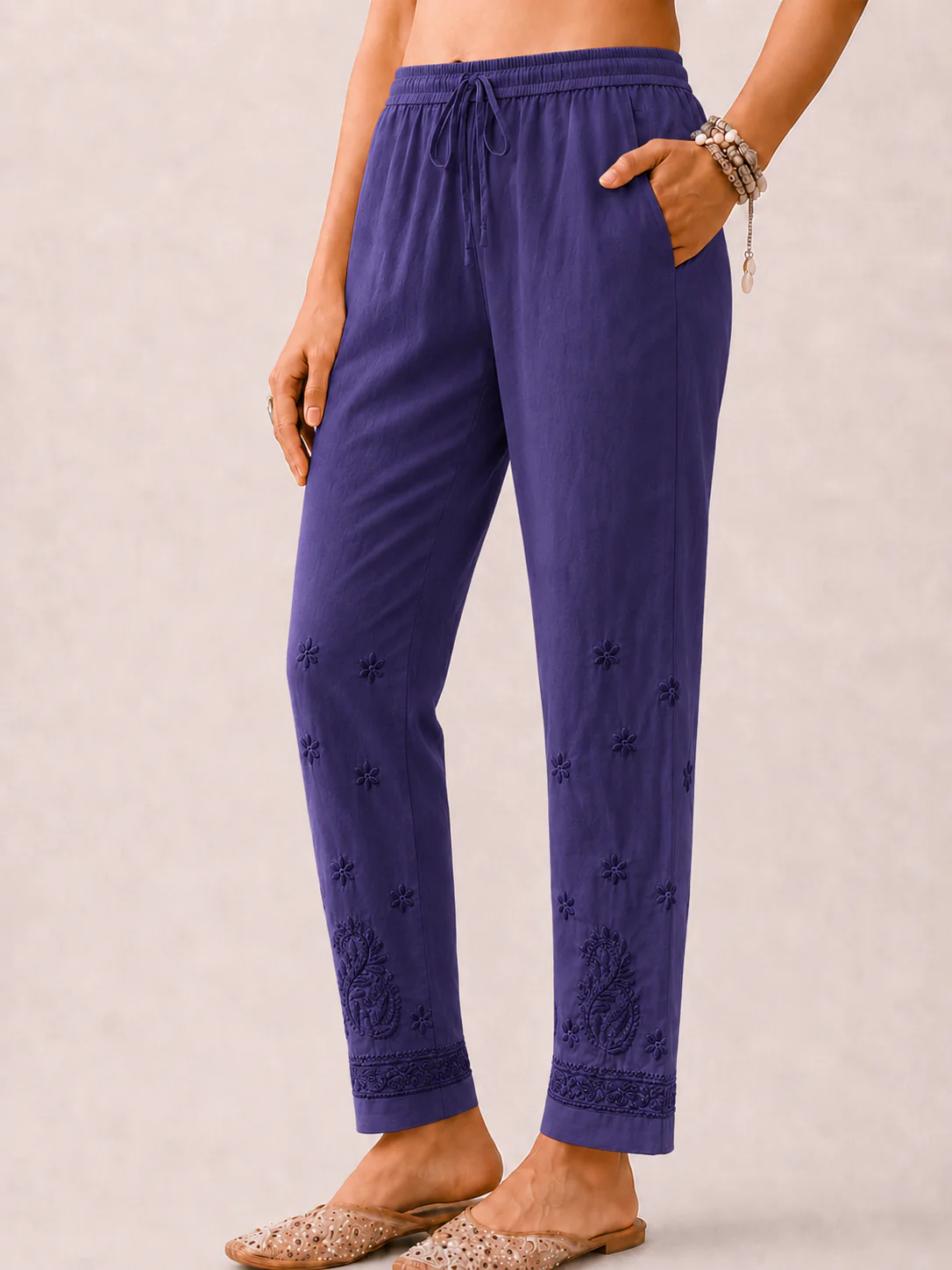 Mayuri Lycra Straight Chikankari Cigarette Pant - Blue - Image 3