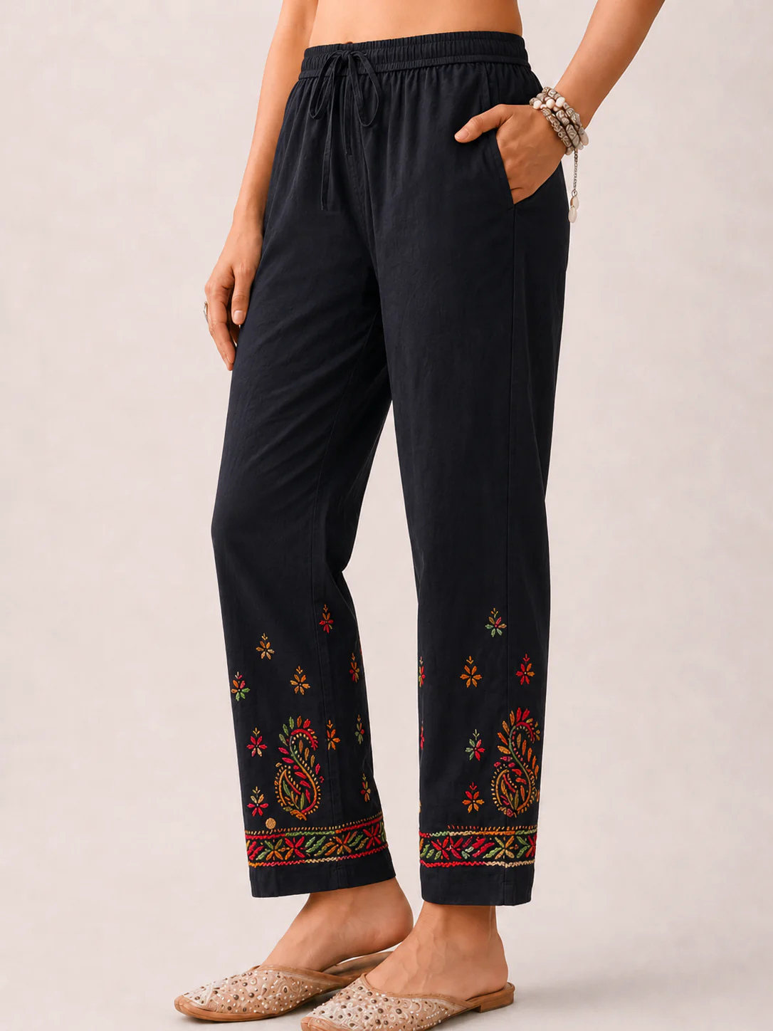Mayuri Lycra Straight Chikankari Pant - Black Multi - Image 3