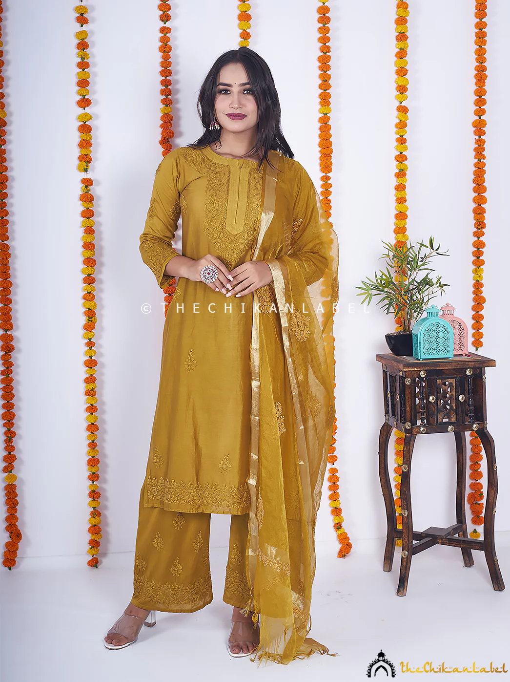 Mehndi Hiba Chanderi Chikankari Kurta Set