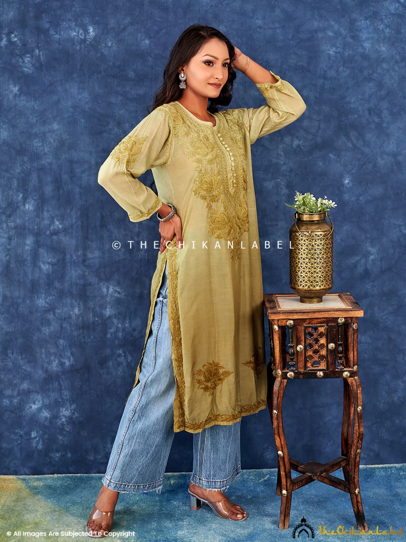 Mehndi Muslin Chikankari Straight Kurta - Image 3
