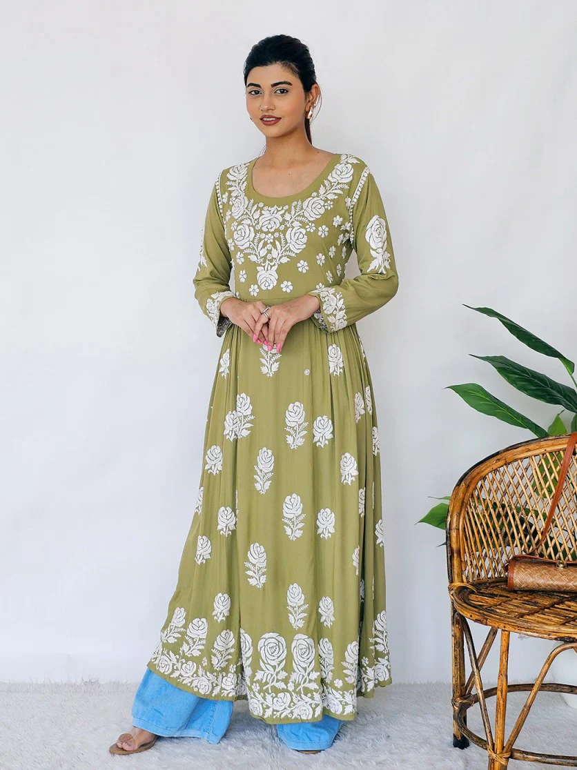 Mehndi Ria Modal Chikankari Anarkali Kurta