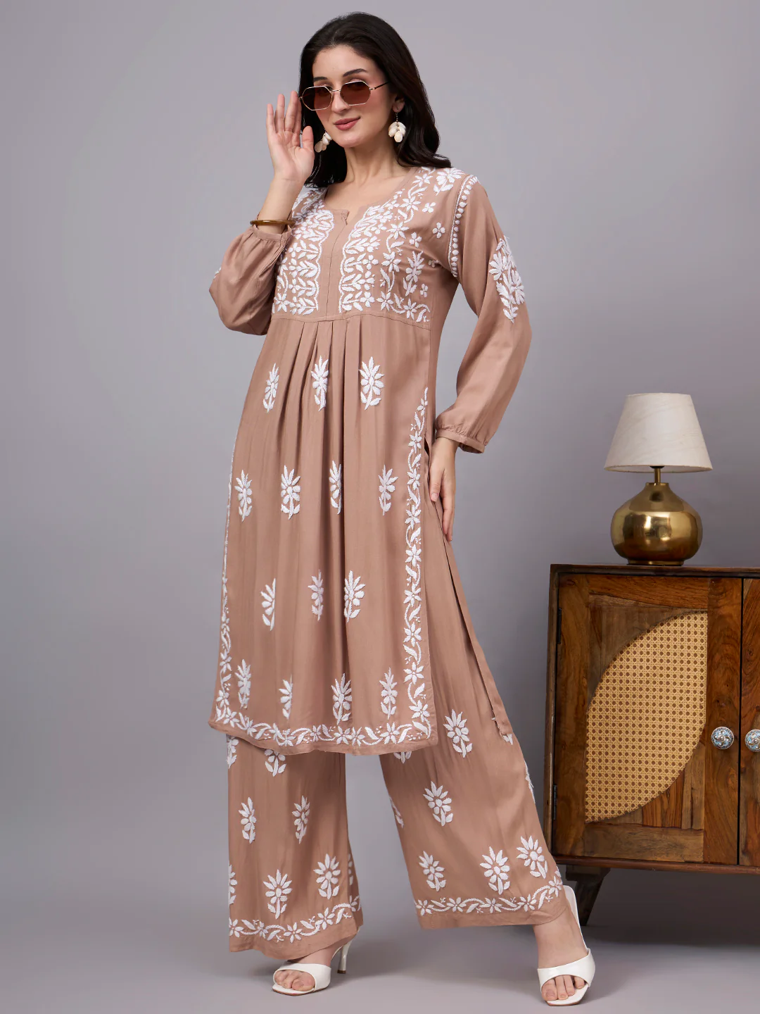 Mira Rayon Chikankari Kurti Palazzo Set - Beige
