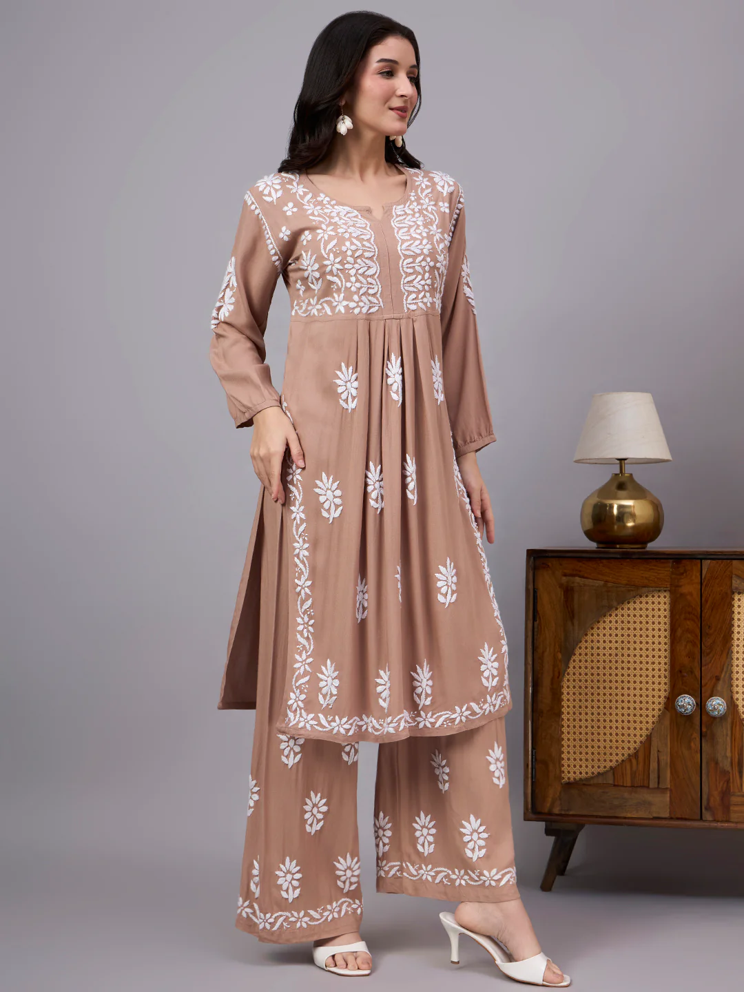 Mira Rayon Chikankari Kurti Palazzo Set - Beige - Image 6