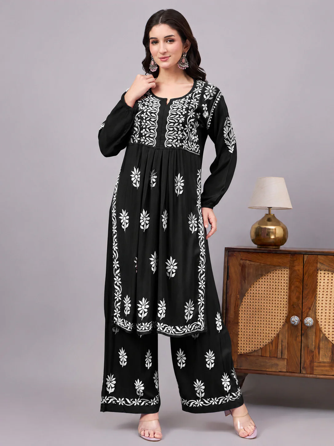 Mira Rayon Chikankari Kurti Palazzo Set - Black