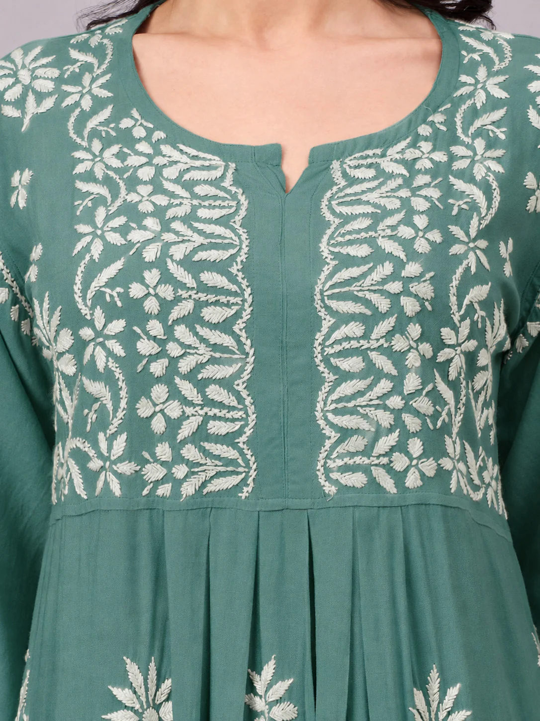 Mira Rayon Chikankari Kurti Palazzo Set - Green - Image 2