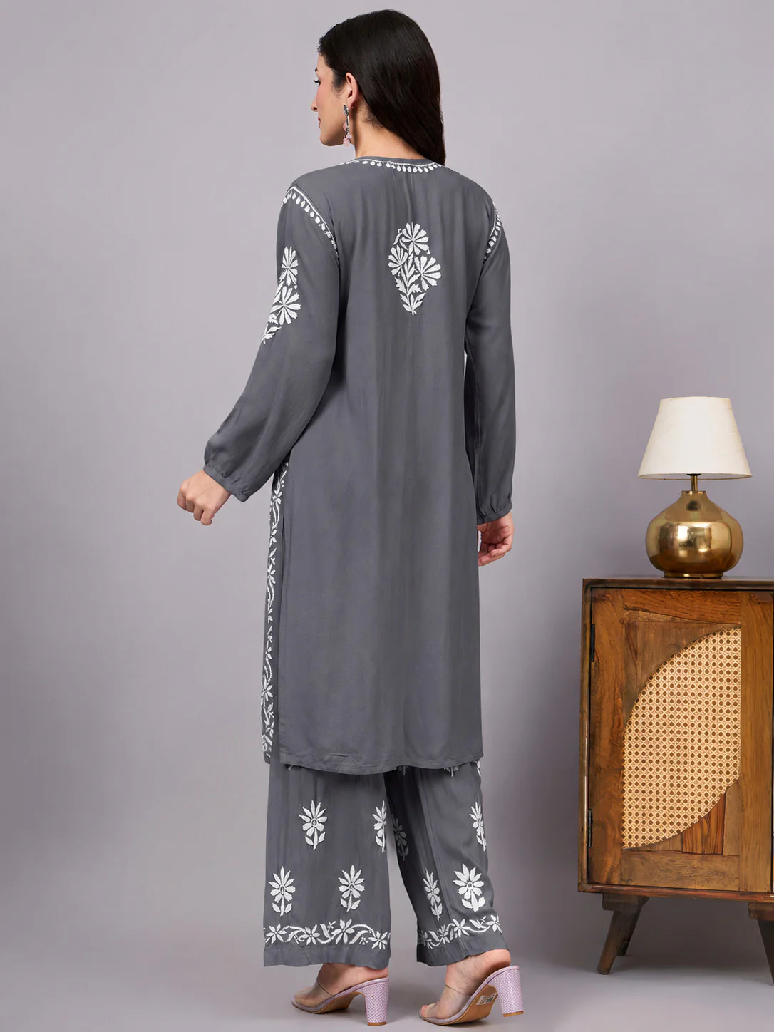 Mira Rayon Chikankari Kurti Palazzo Set - Grey - Image 3