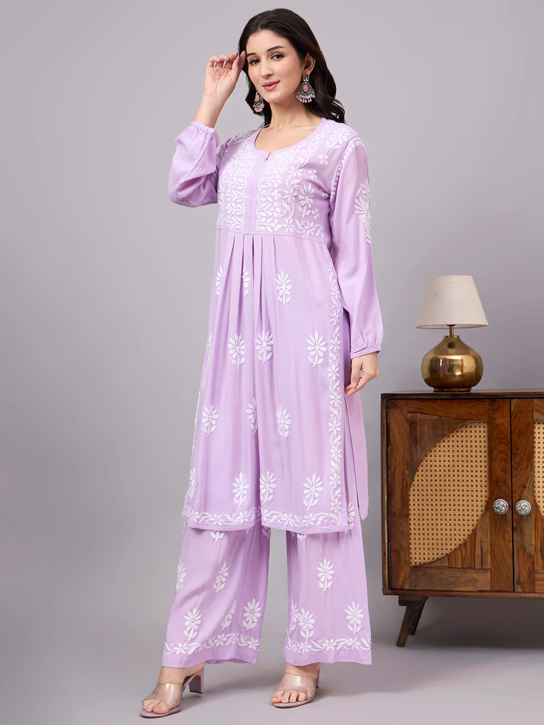 Mira Rayon Chikankari Kurti Palazzo Set - Lavender - Image 4