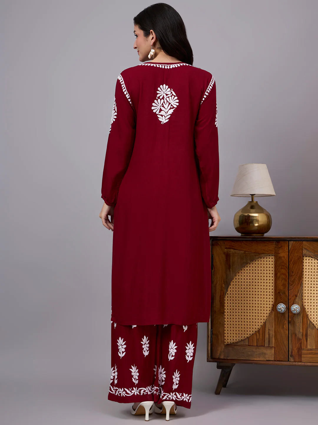Mira Rayon Chikankari Kurti Palazzo Set - Maroon - Image 3