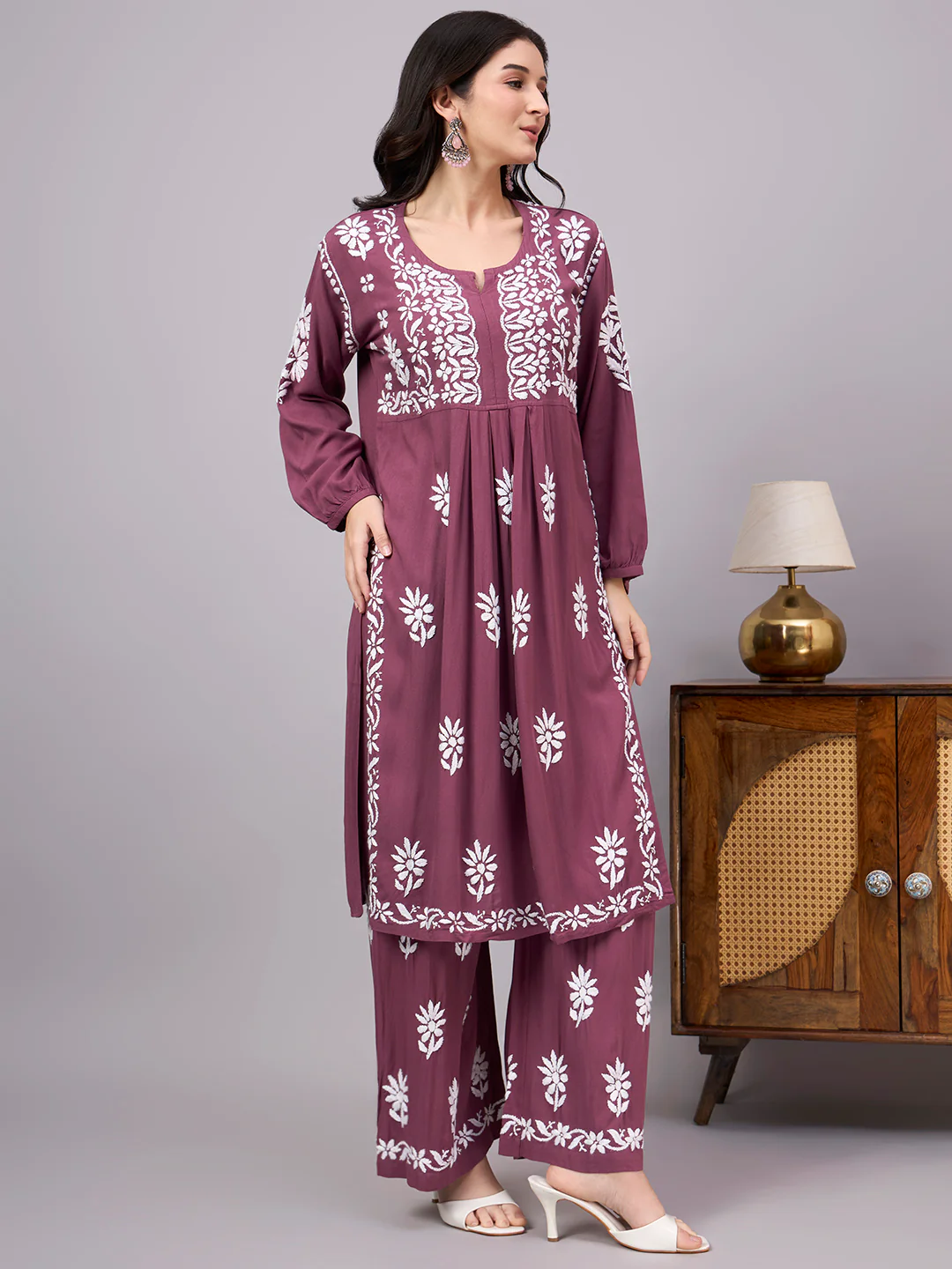Mira Rayon Chikankari Kurti Palazzo Set - Mauve - Image 5