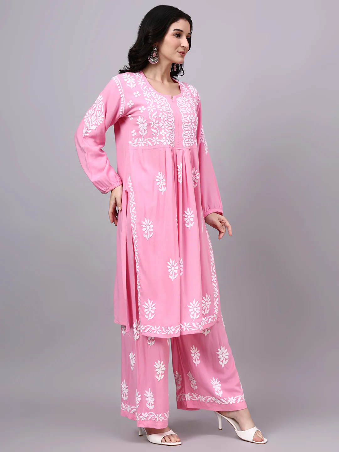 Mira Rayon Chikankari Kurti Palazzo Set - Pink - Image 5