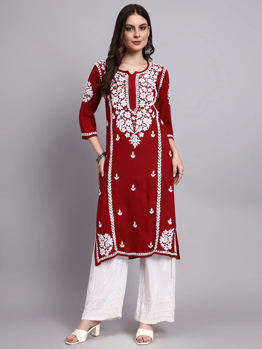 Misha Rayon Chikankari Straight Kurta - Maroon