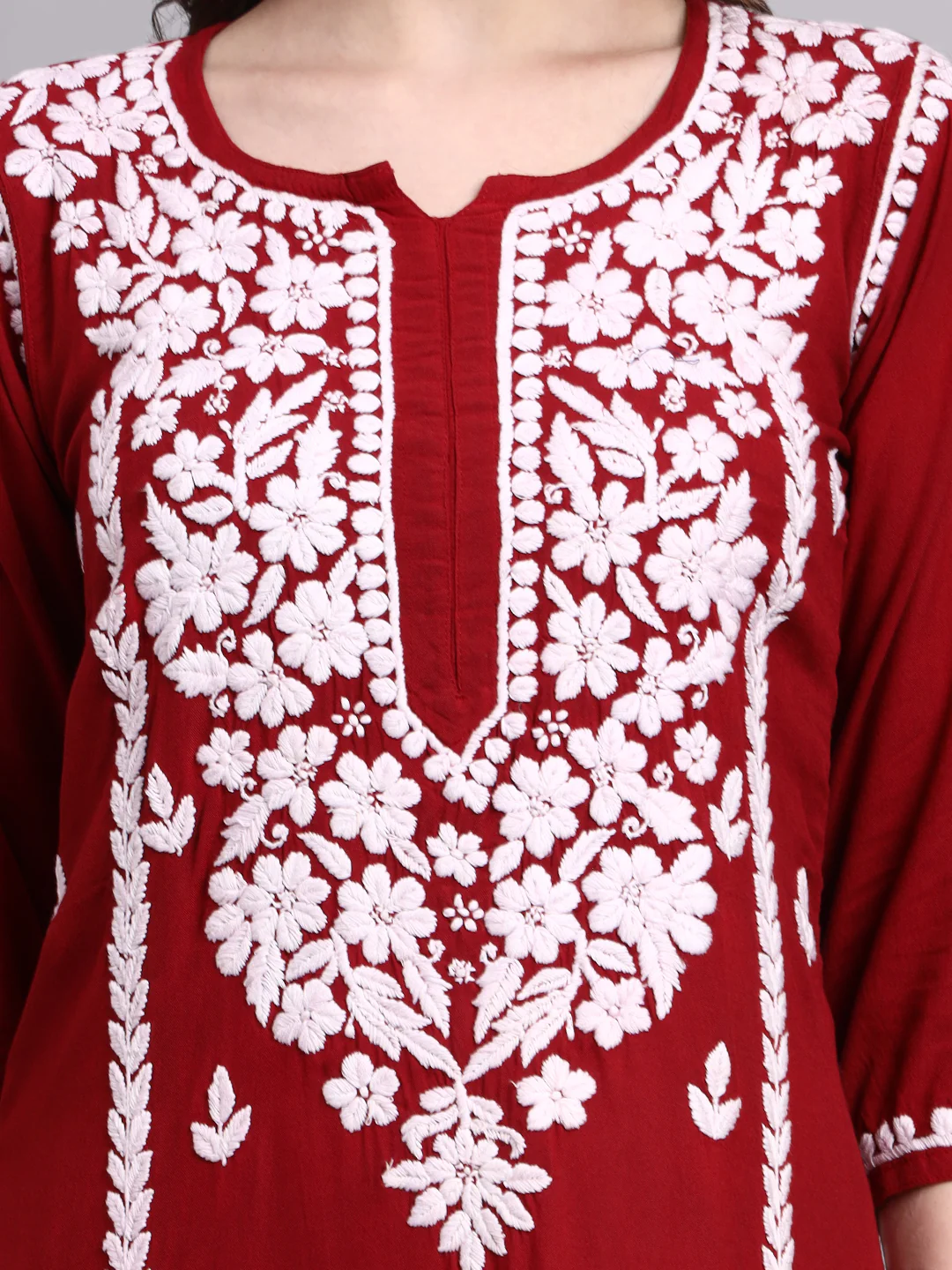 Misha Rayon Chikankari Straight Kurta - Maroon - Image 2