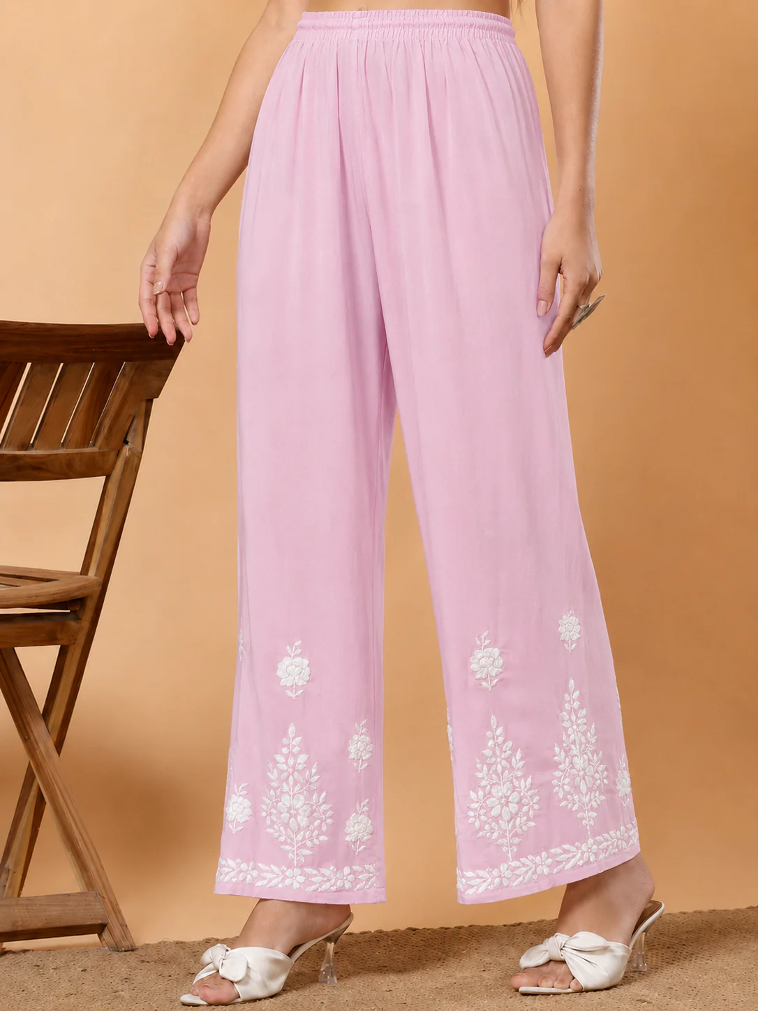 Modal Chikankari Straight Palazzo - Pink