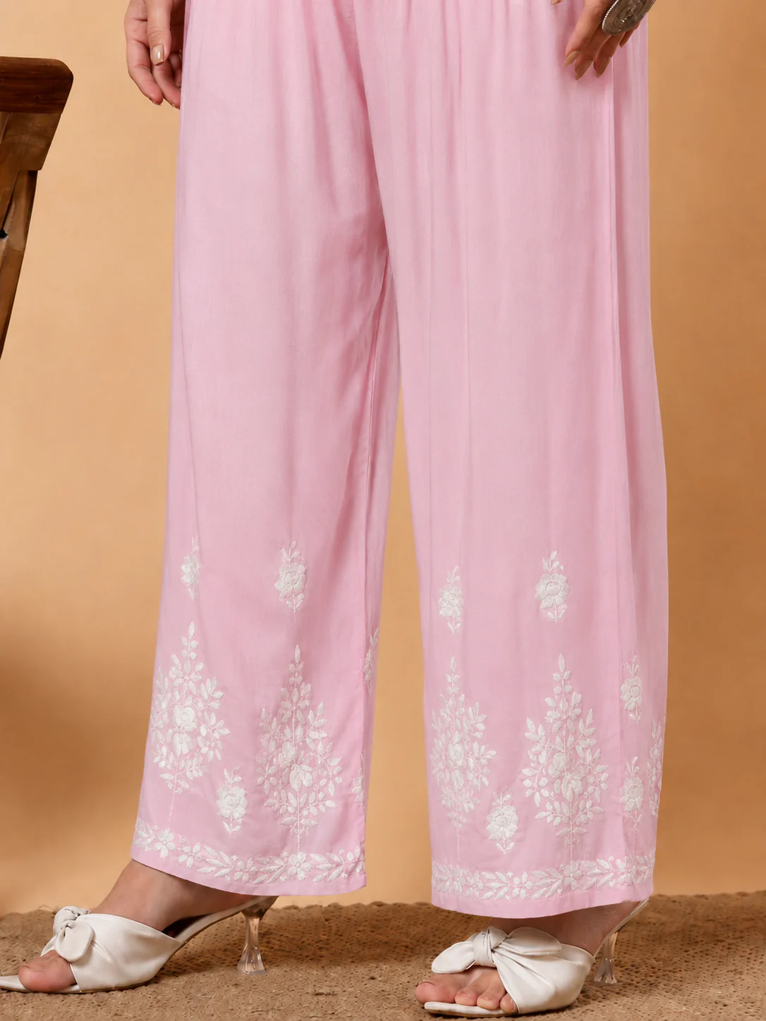 Modal Chikankari Straight Palazzo - Pink - Image 2
