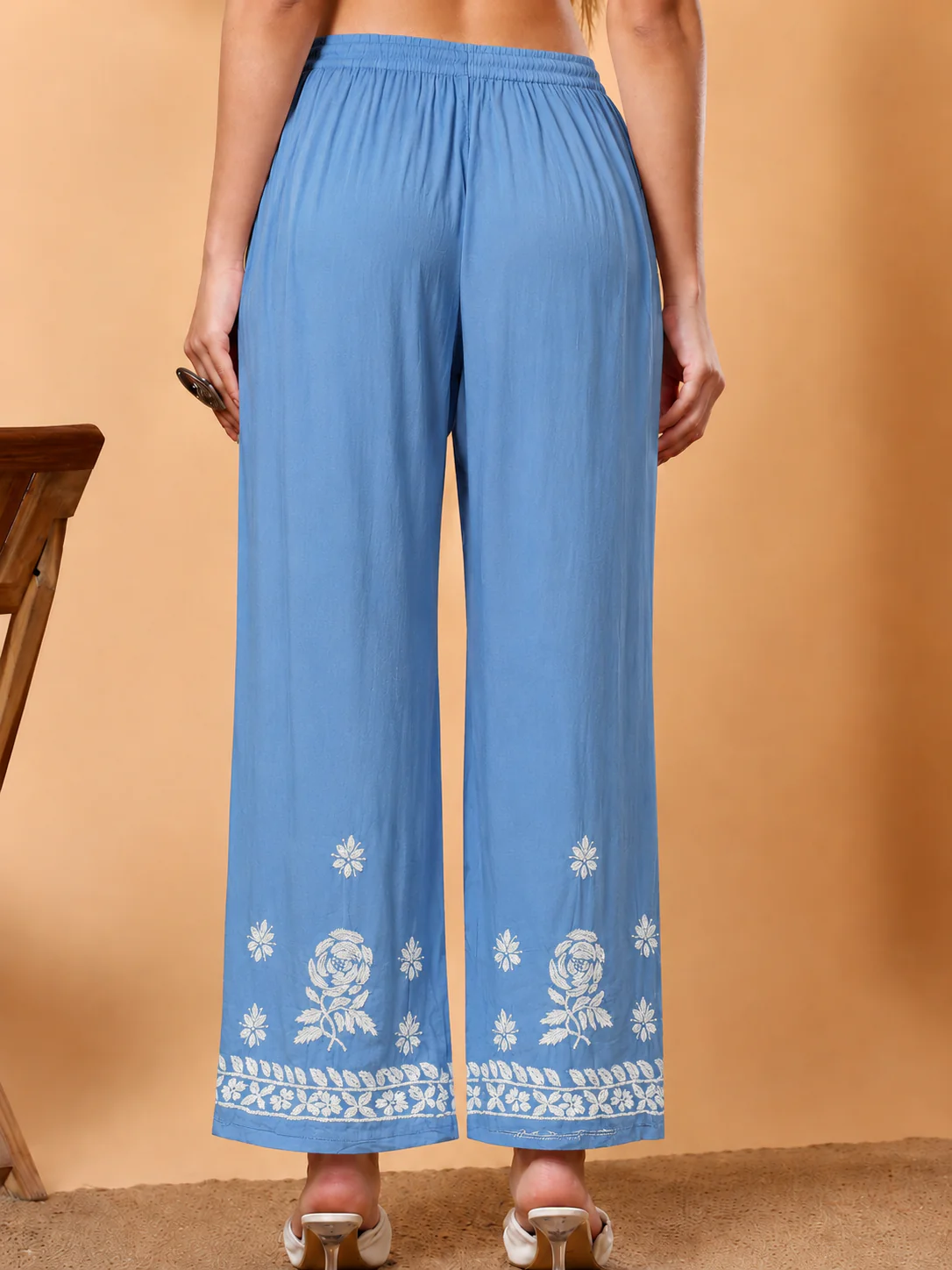 Modal Chikankari Straight Palazzo - Sky Blue - Image 4