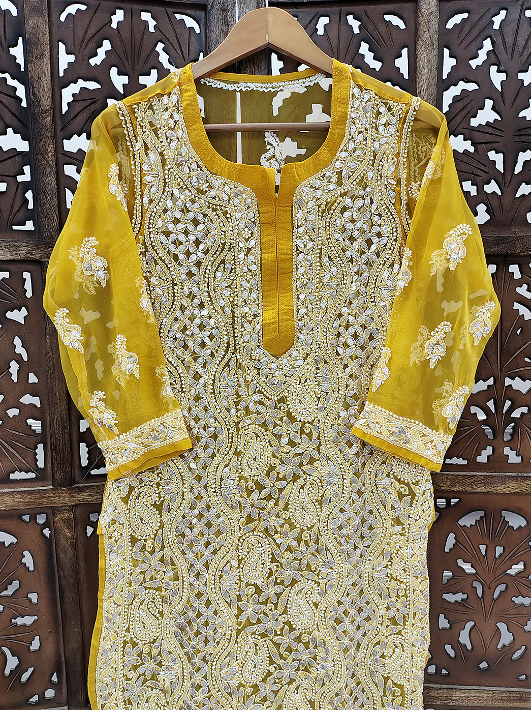 Mustard Yellow Georgette Chikankari Straight Kurti - Image 3