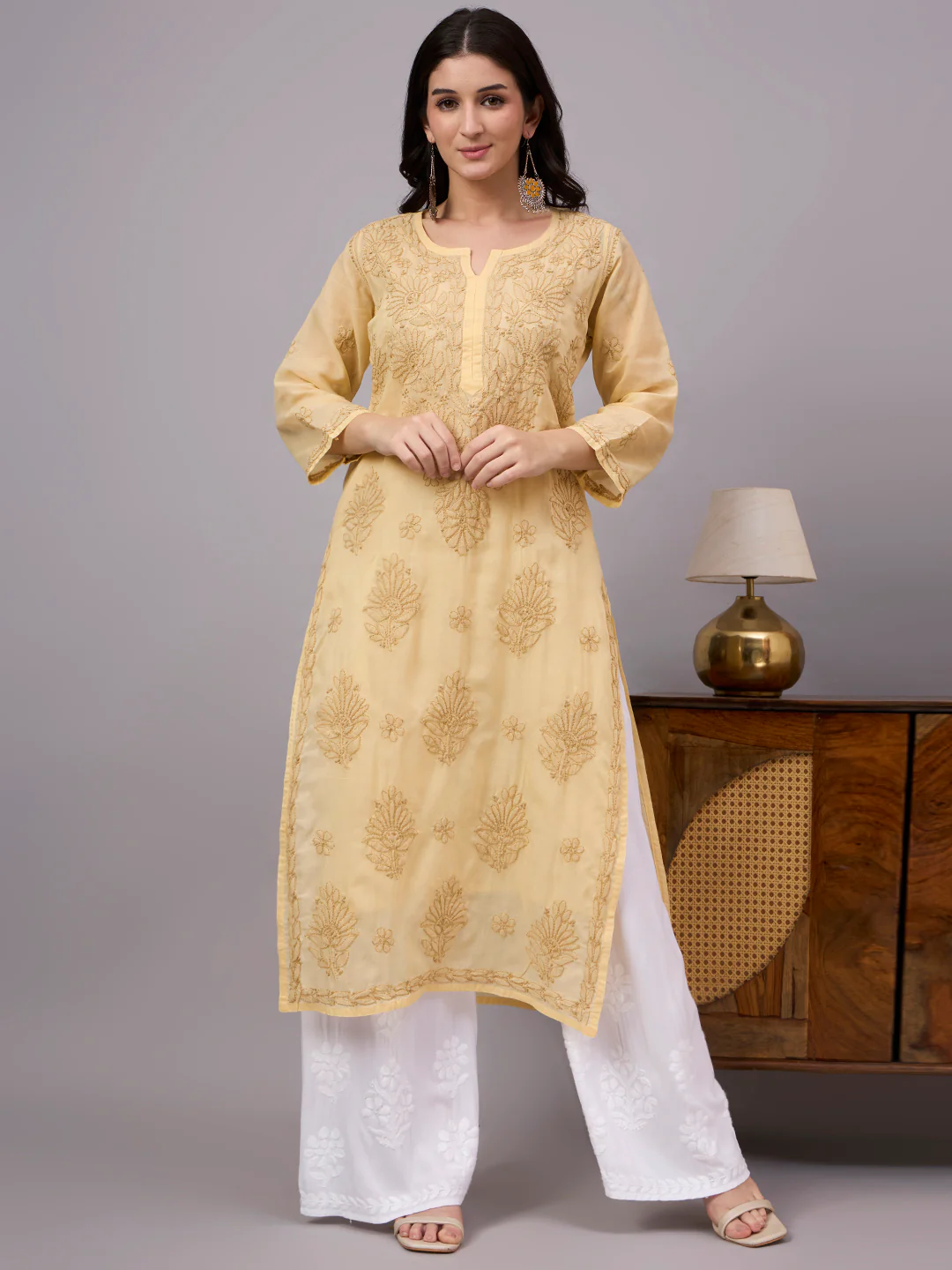 Naina Cotton Chikankari Straight Kurti with inner - Beige