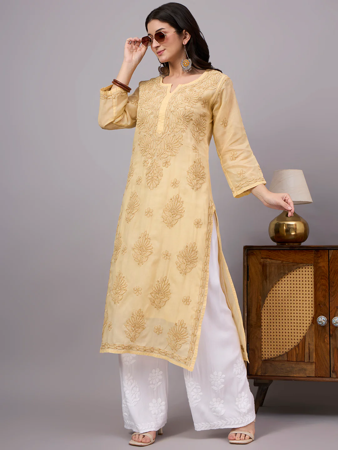 Naina Cotton Chikankari Straight Kurti with inner - Beige - Image 6