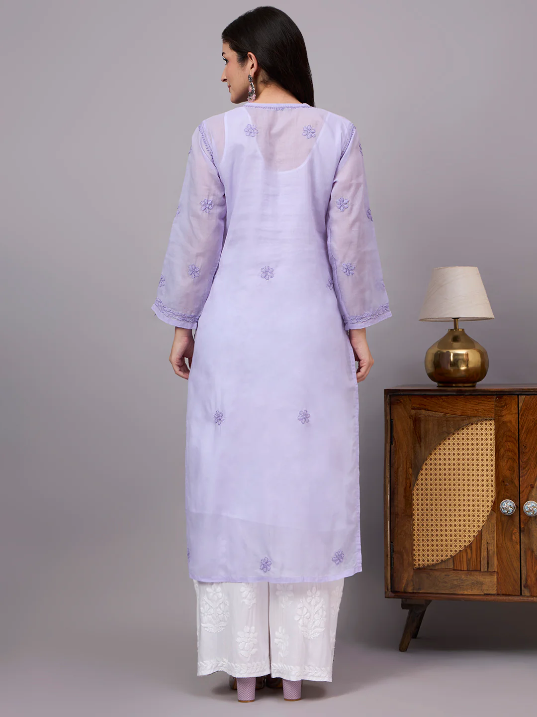 Naina Cotton Chikankari Straight Kurti with inner - Lavender - Image 3