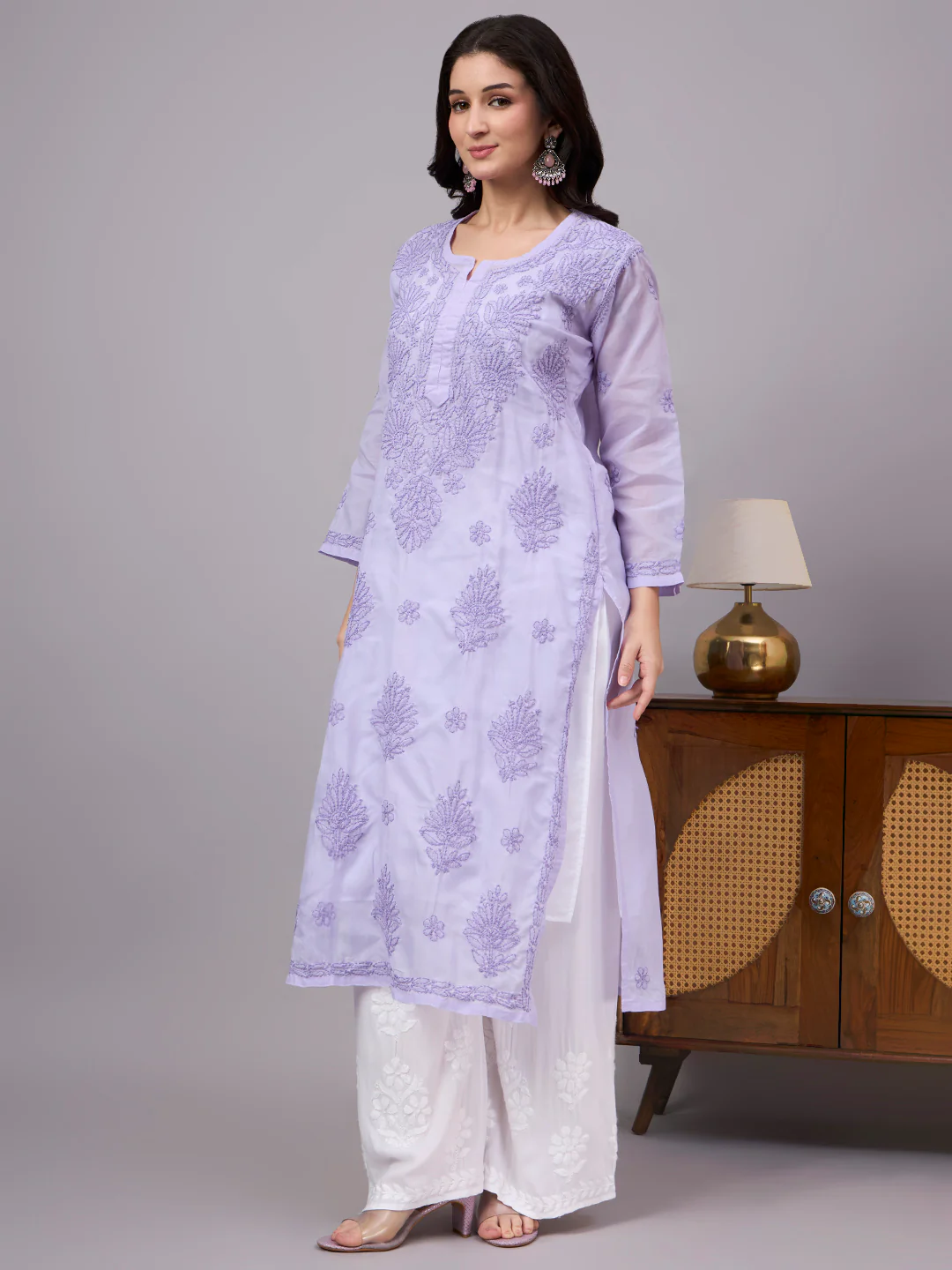 Naina Cotton Chikankari Straight Kurti with inner - Lavender - Image 4